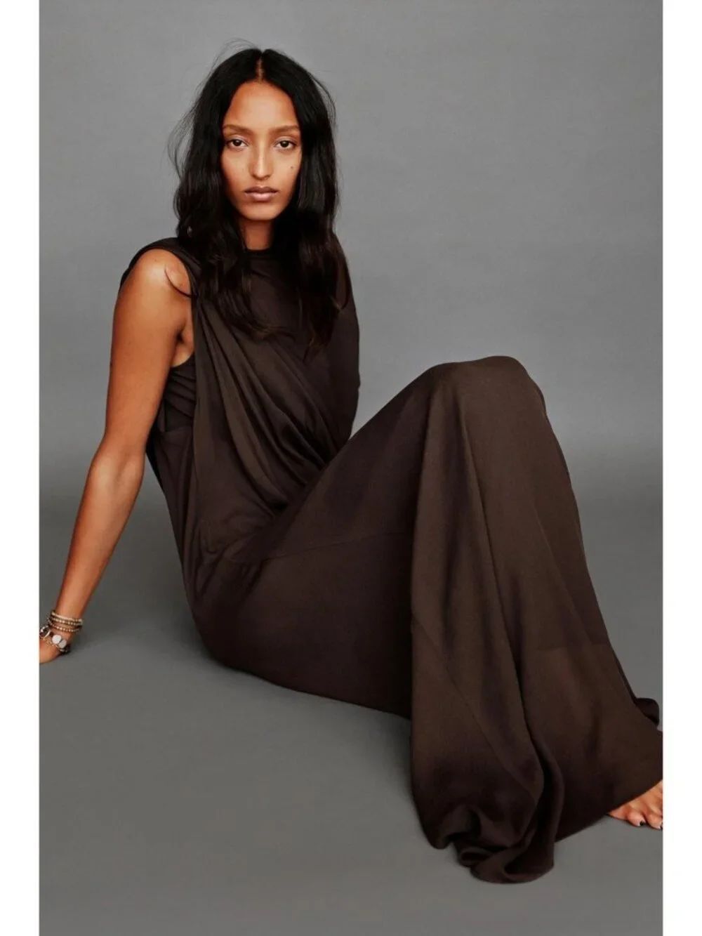 Zara Women Long Combination Cape Dress Medium Brown Pleated limited 8261/003 NWT